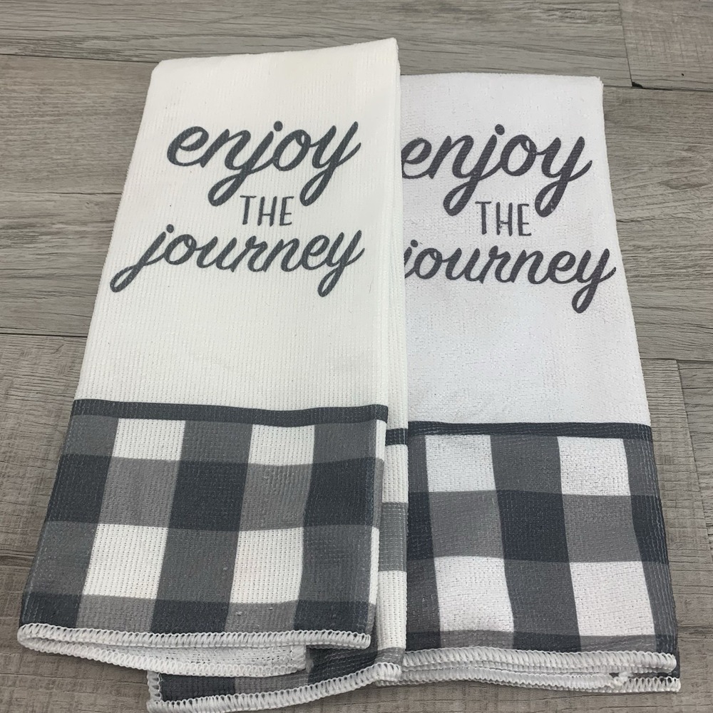 2 Pack Microfiber Kitchen Towels (15"x25") ENJOY THE JOURNEY, GREY & WHITE Check